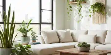 Ein gemütliches Wohnzimmer mit verschiedenen pflegeleichten Zimmerpflanzen, die eine entspannte Atmosphäre schaffen.