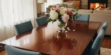 Holzmöbel richtig pflegen: Tipps für dauerhafte Schönheit Ein glänzender Holztisch in einem gemütlichen Wohnzimmer, der die Schönheit von gut gepflegten Holzmöbeln unterstreicht.