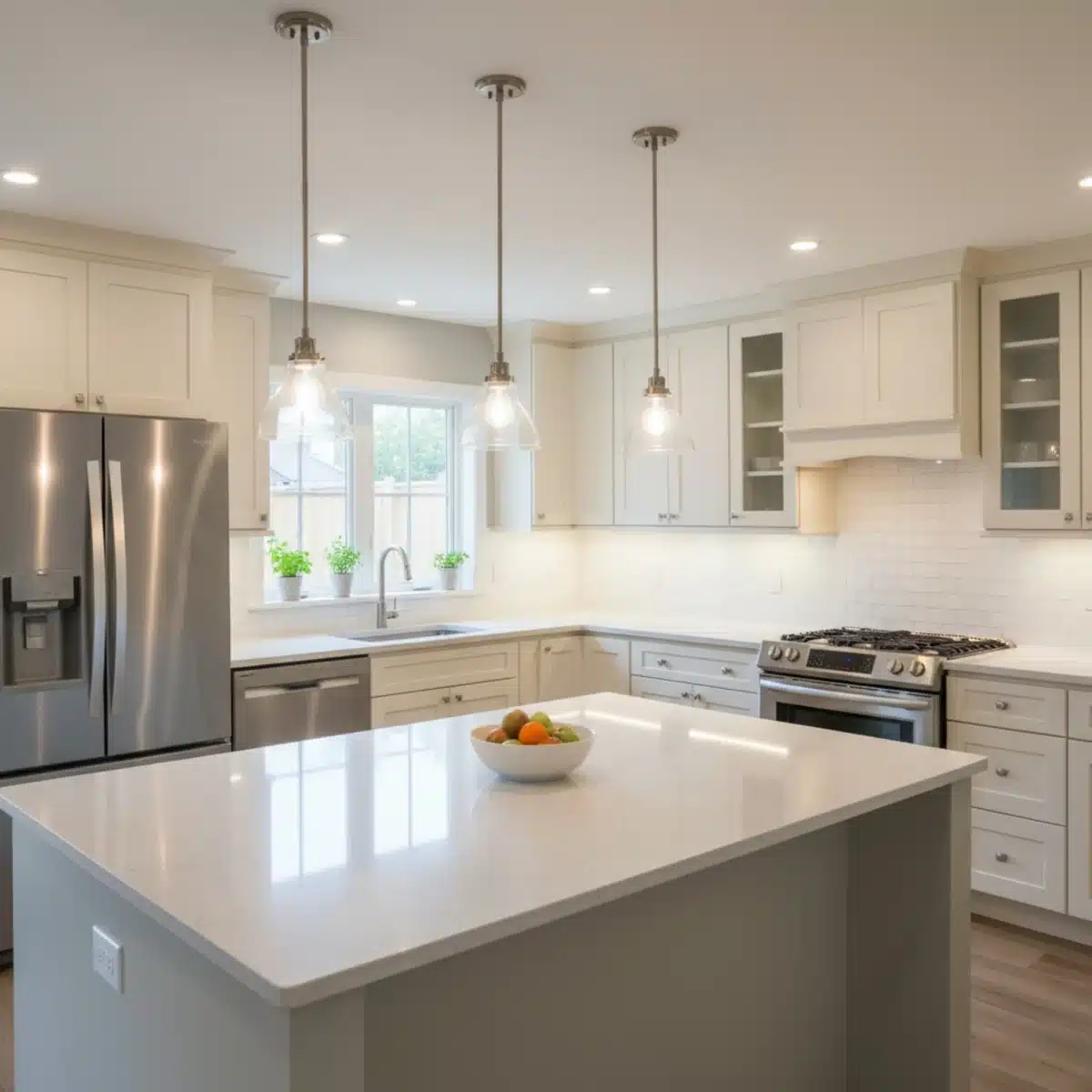 Helle Küche mit funktionaler und stimmungsvoller Beleuchtung über der Kücheninsel und Arbeitsflächen