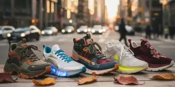 Die 5 neuesten Sneaker-Trends für Herbst 2025: Welcher Style passt zu Ihnen? Vielfältige Sneaker-Styles für Herbst 2025 auf Holzhintergrund mit Herbstlaub.