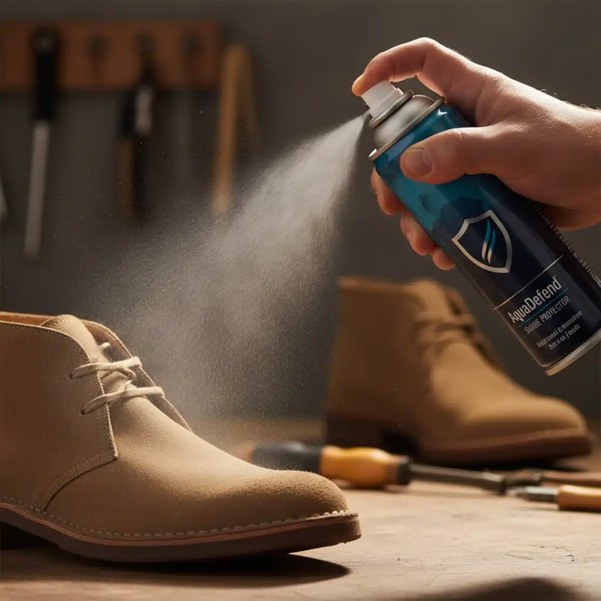 Hand sprüht Imprägnierspray auf einen Wildlederschuh zum Schutz vor Nässe und Schmutz.