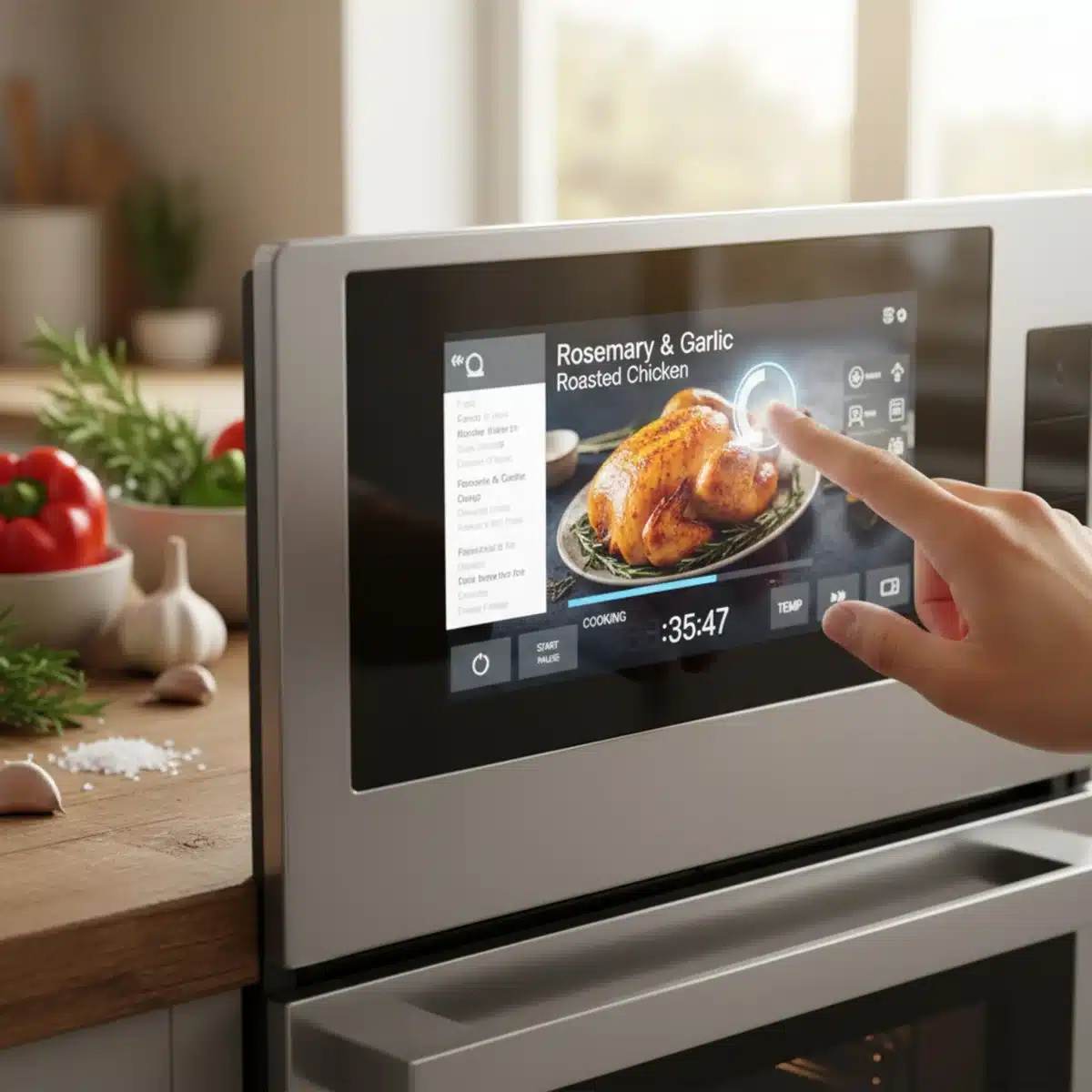 Detailaufnahme eines intelligenten Ofens mit Touchscreen-Steuerung