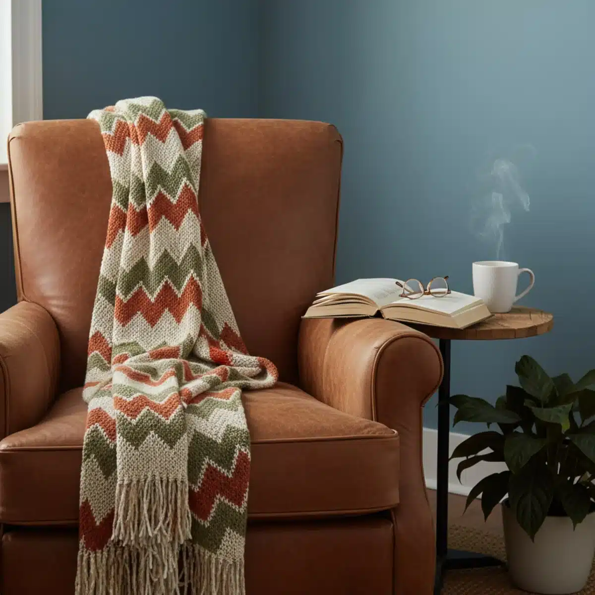 Gemütliche Leseecke mit erdigem Braun und beruhigendem Blau, die die Naturverbundenheit der Farbtrends 2025 unterstreichen.