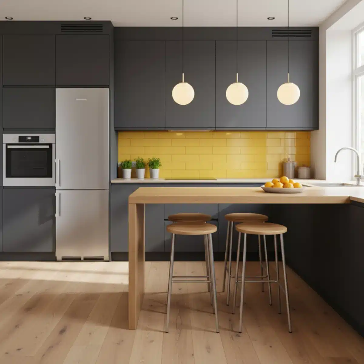 Moderne Küche mit anthrazitfarbenen Schränken und einem lebhaften gelben Spritzschutz, ein Beispiel für Farbakzente 2025.