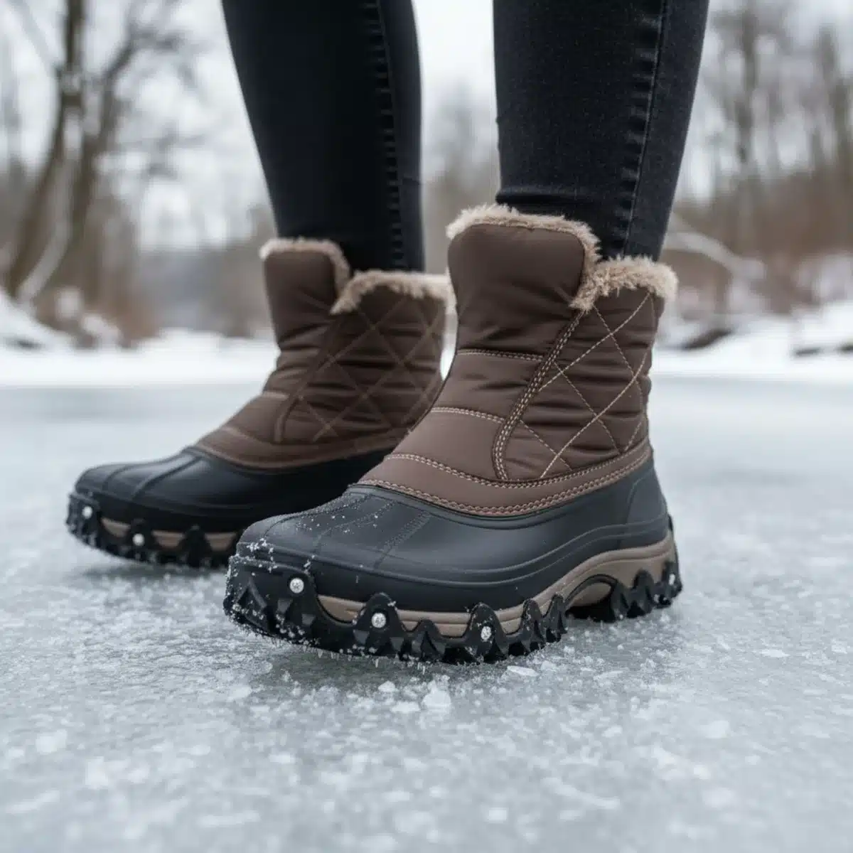 Nahaufnahme von knöchelhohen, isolierten Winterschuhen mit rutschfester Sohle auf eisigem Untergrund.