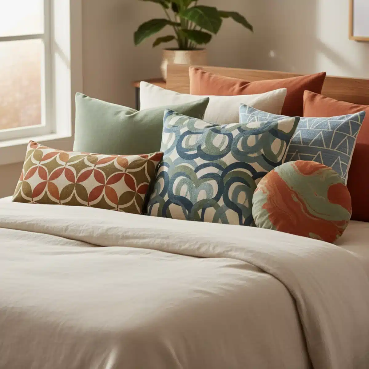 Kollektion von Kissen mit abstrakten und organischen Mustern in beruhigenden Farben