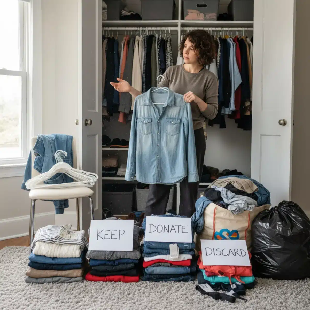 Person sortiert Kleidung beim Ausmisten des Kleiderschranks und entscheidet über Verbleib.