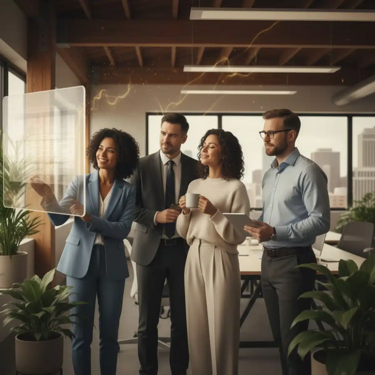 Professionelle Kollegen in einem modernen Büro, die die Bedeutung subtiler Düfte im Arbeitsumfeld widerspiegeln.