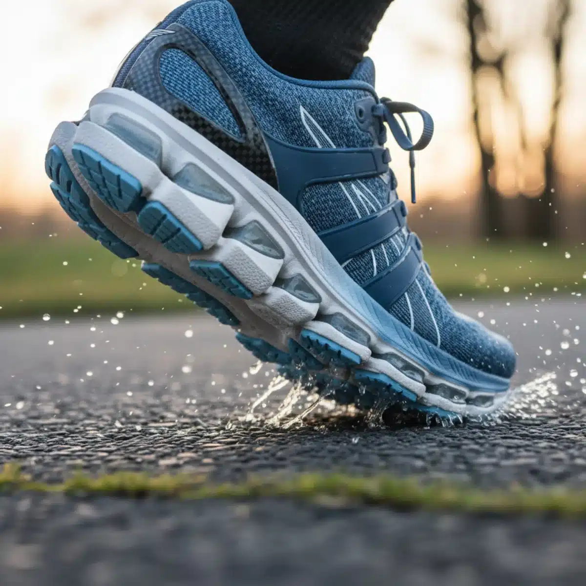 Fuß eines Läufers im Kontakt mit dem Boden, der Dämpfung und Stabilität des Schuhs zeigt