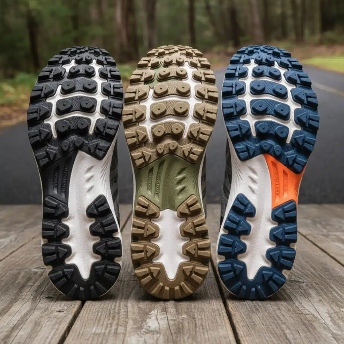 Verschiedene Laufsohlen von Laufschuhen nebeneinander, die Profile für unterschiedliche Untergründe zeigen