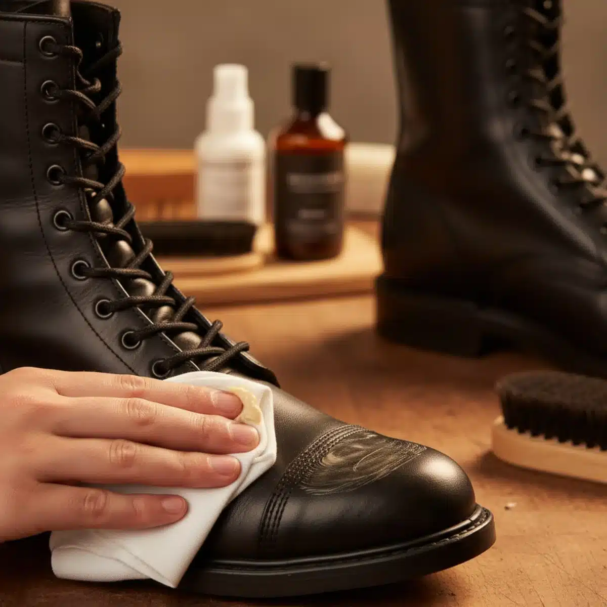 Hände tragen Ledercreme auf einen schwarzen Lederstiefel auf.