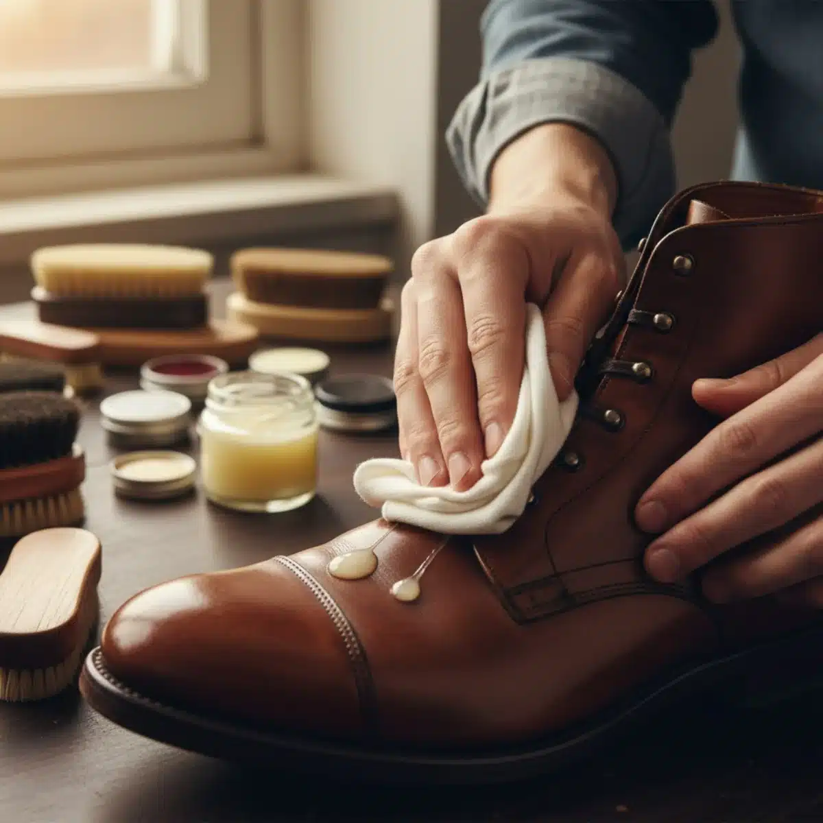 Eine Person poliert sorgfältig einen Lederstiefel mit einem Tuch und Lederbalsam, um den Glanz zu erhalten.
