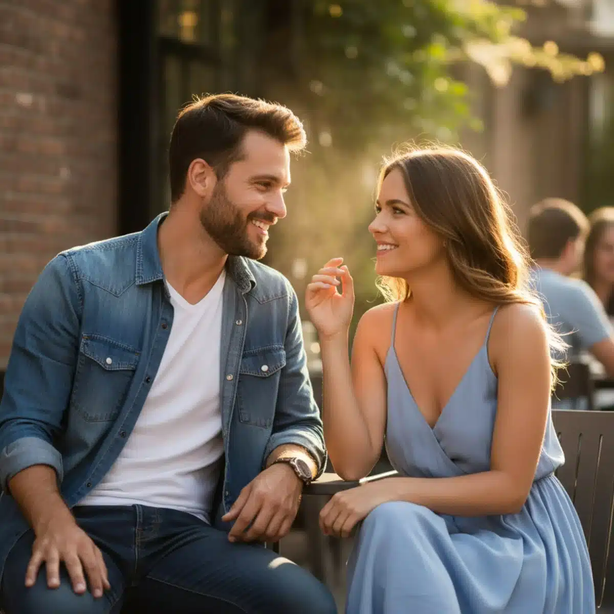 Mann und Frau führen ein angenehmes Gespräch, der Mann strahlt Selbstsicherheit und Anziehungskraft aus.