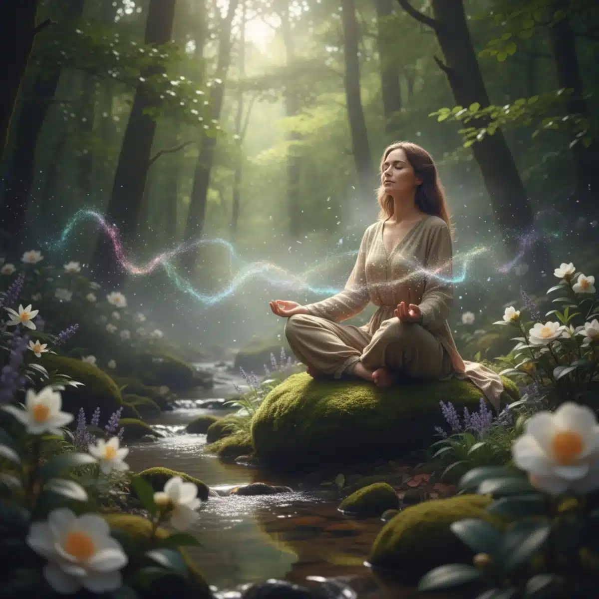 Meditierende Person in einer ruhigen Naturumgebung, umgeben von unsichtbaren Duftmolekülen, die beruhigende Effekte symbolisieren.