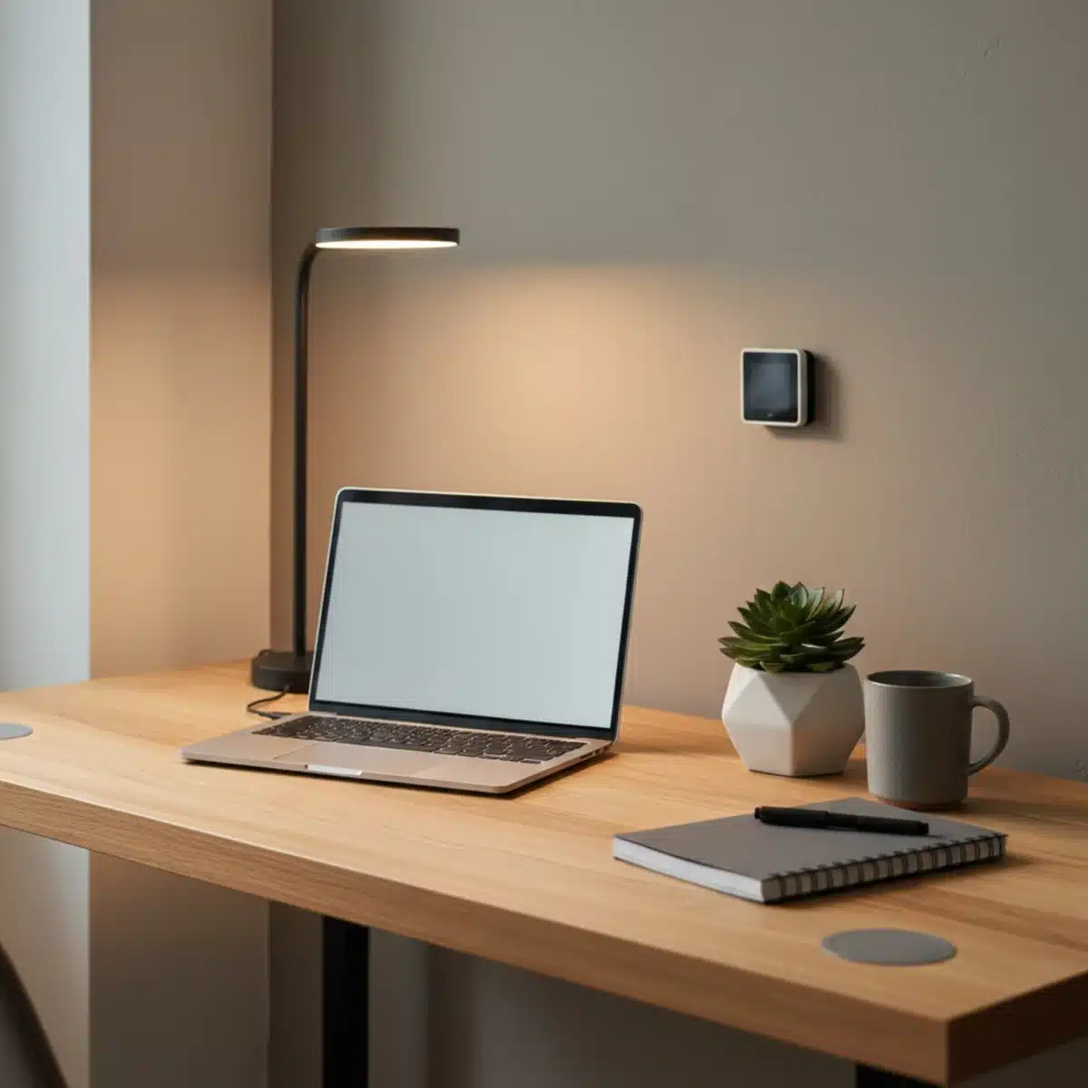 Minimalistischer Arbeitsplatz mit Smart-Home-Integration und Pflanzen