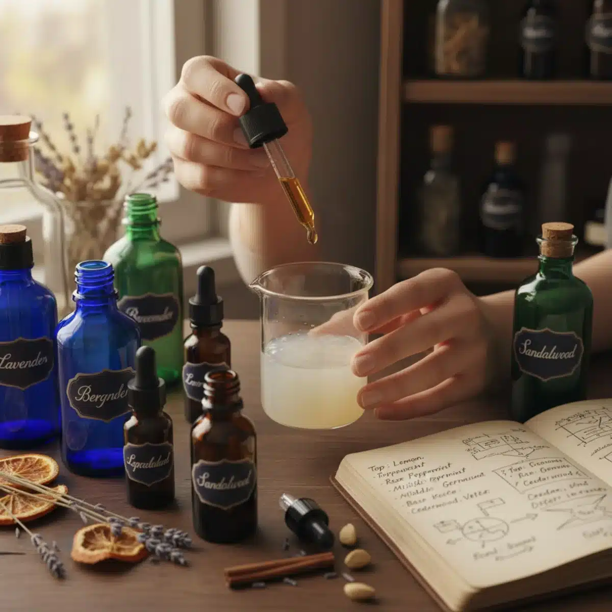 Hände mischen ätherische Öle für eine individuelle Parfümkreation in einem Becherglas.