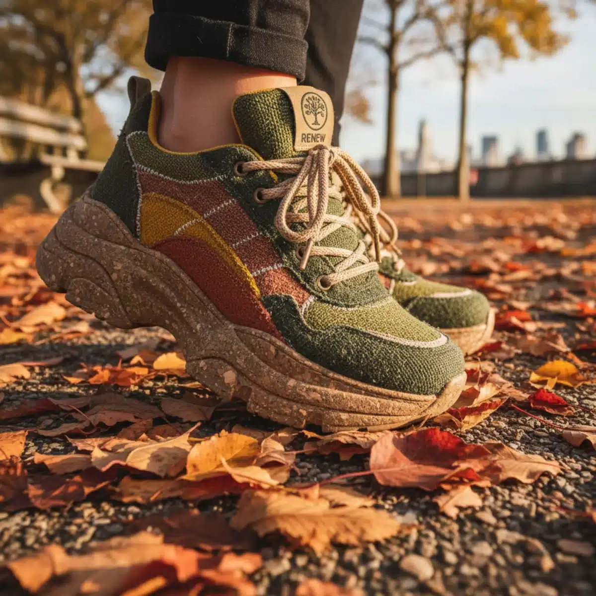 Nahaufnahme eines klobigen Plateau-Sneakers aus recycelten Materialien im Herbstpark.