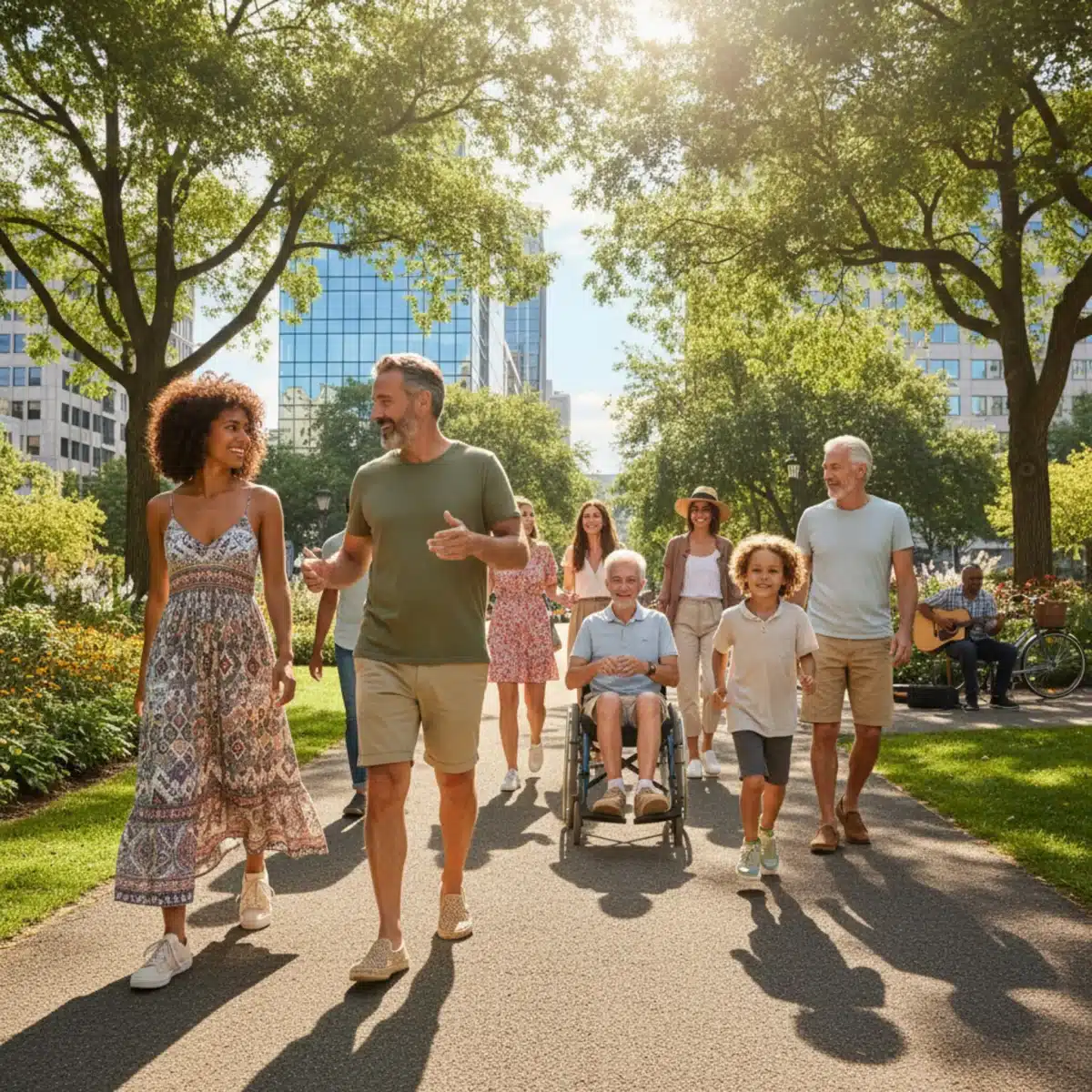 Vielfältige Gruppe von Menschen trägt nachhaltige Schuhe beim Spaziergang in einem sonnigen Stadtpark.