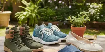 Vier nachhaltige Schuhpaare in einer natürlichen Umgebung, die umweltfreundliche Materialien und stilvolles Design betonen.