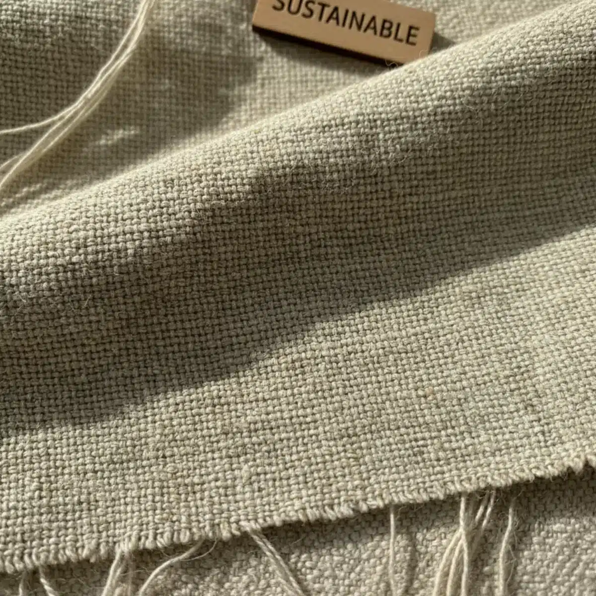 Nahaufnahme eines nachhaltigen Textilmaterials aus recycelter Baumwolle und Leinen