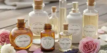 Natürliche Parfümflaschen für Allergiker, umgeben von Lavendel und Rosenblättern, symbolisieren sanfte Düfte.