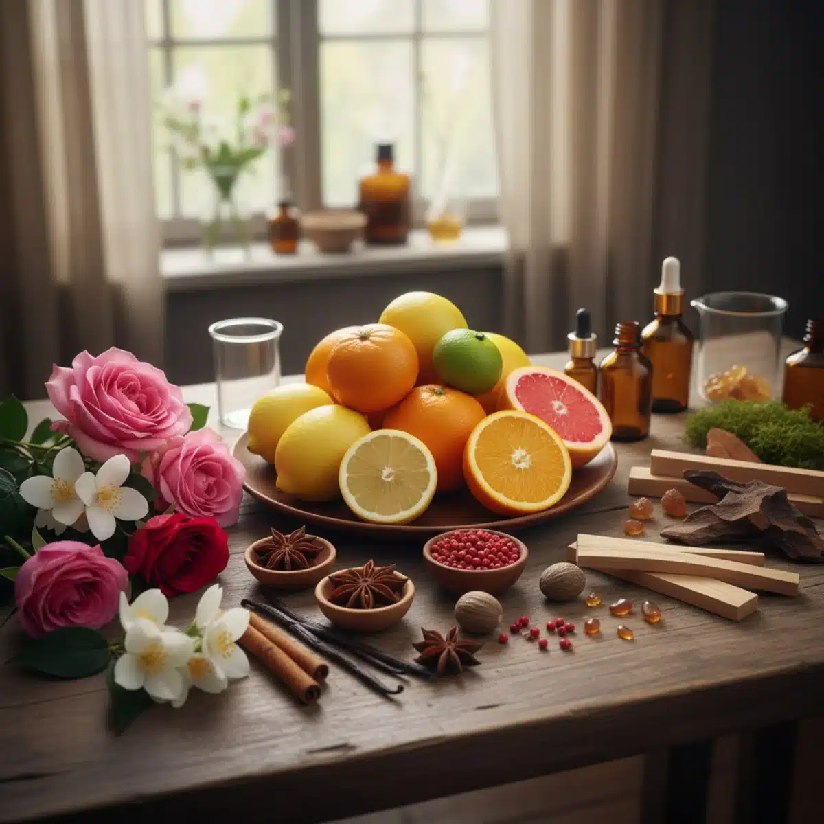Eine kunstvolle Anordnung natürlicher Parfüm-Inhaltsstoffe wie Zitrusfrüchte, Gewürze und Blumen, die Nachhaltigkeit betonen.
