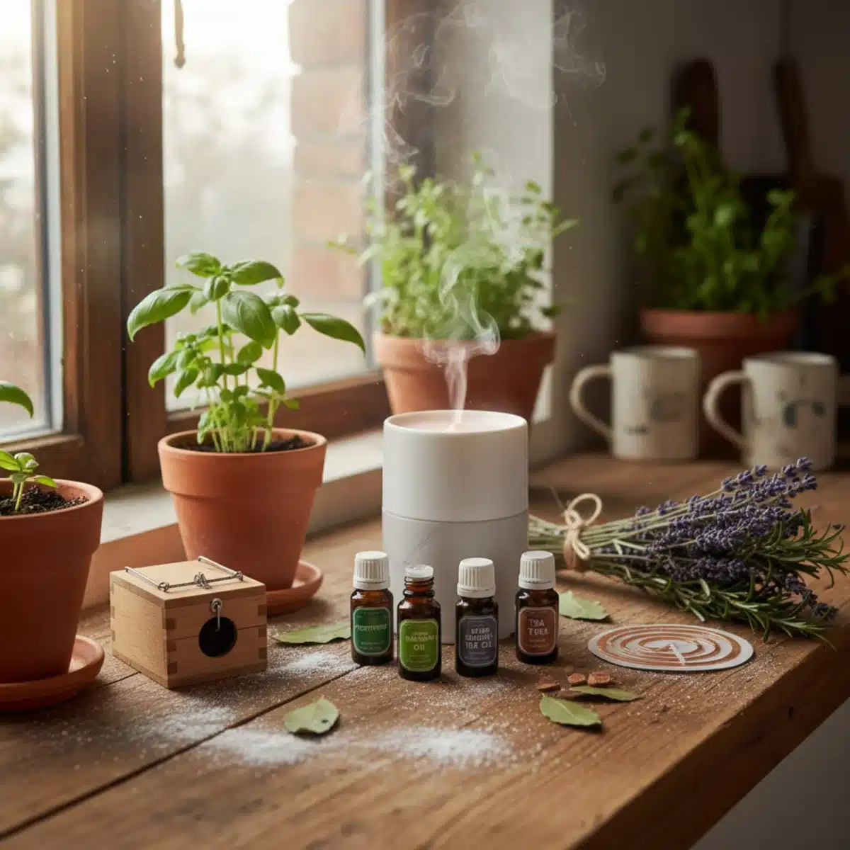 Nahaufnahme von natürlichen Schädlingsabwehrmitteln wie ätherischen Ölen und Kieselgur in einem Küchenambiente.