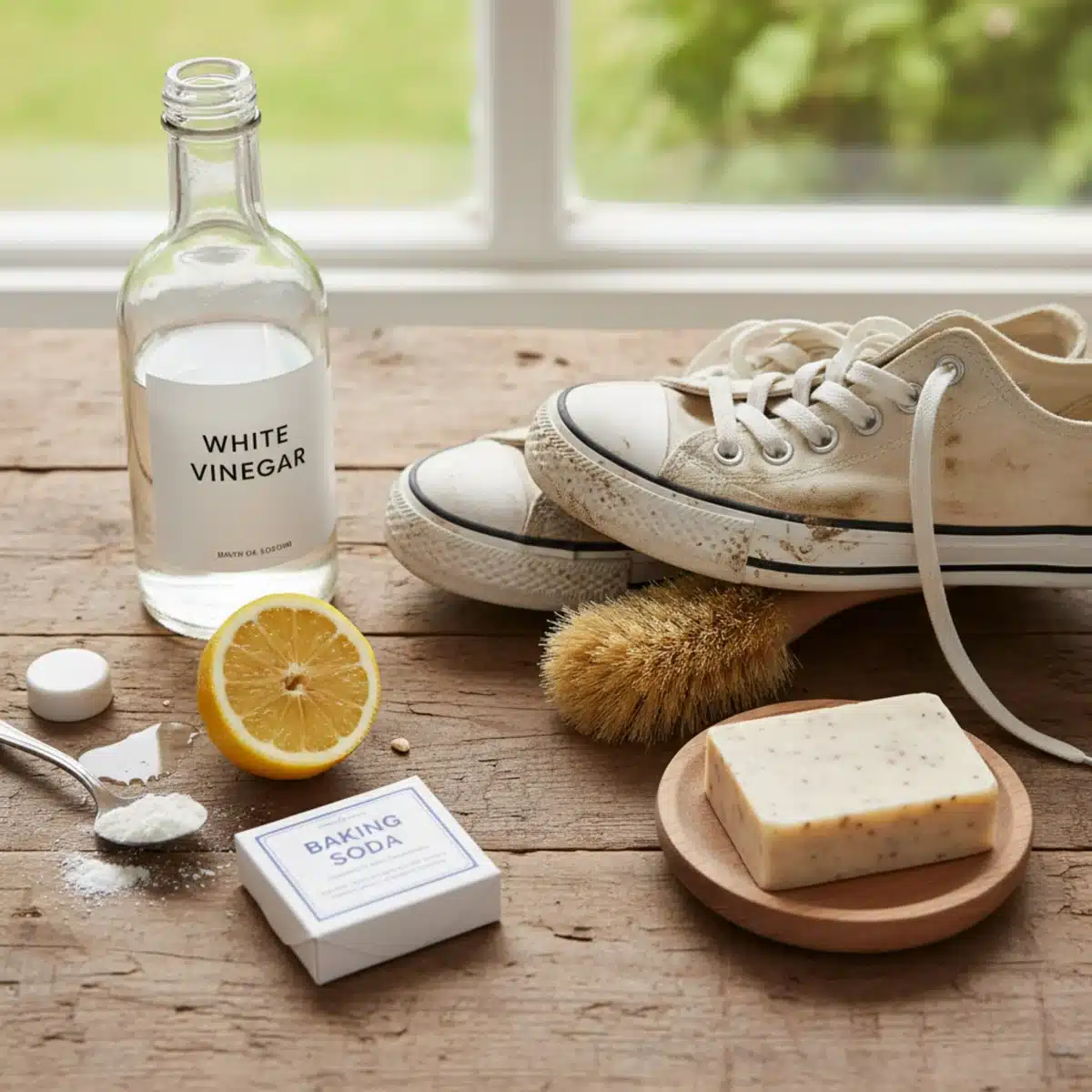 Eine Auswahl an Hausmitteln wie Essig, Zitrone und Backpulver, bereit zur Sneaker-Reinigung.