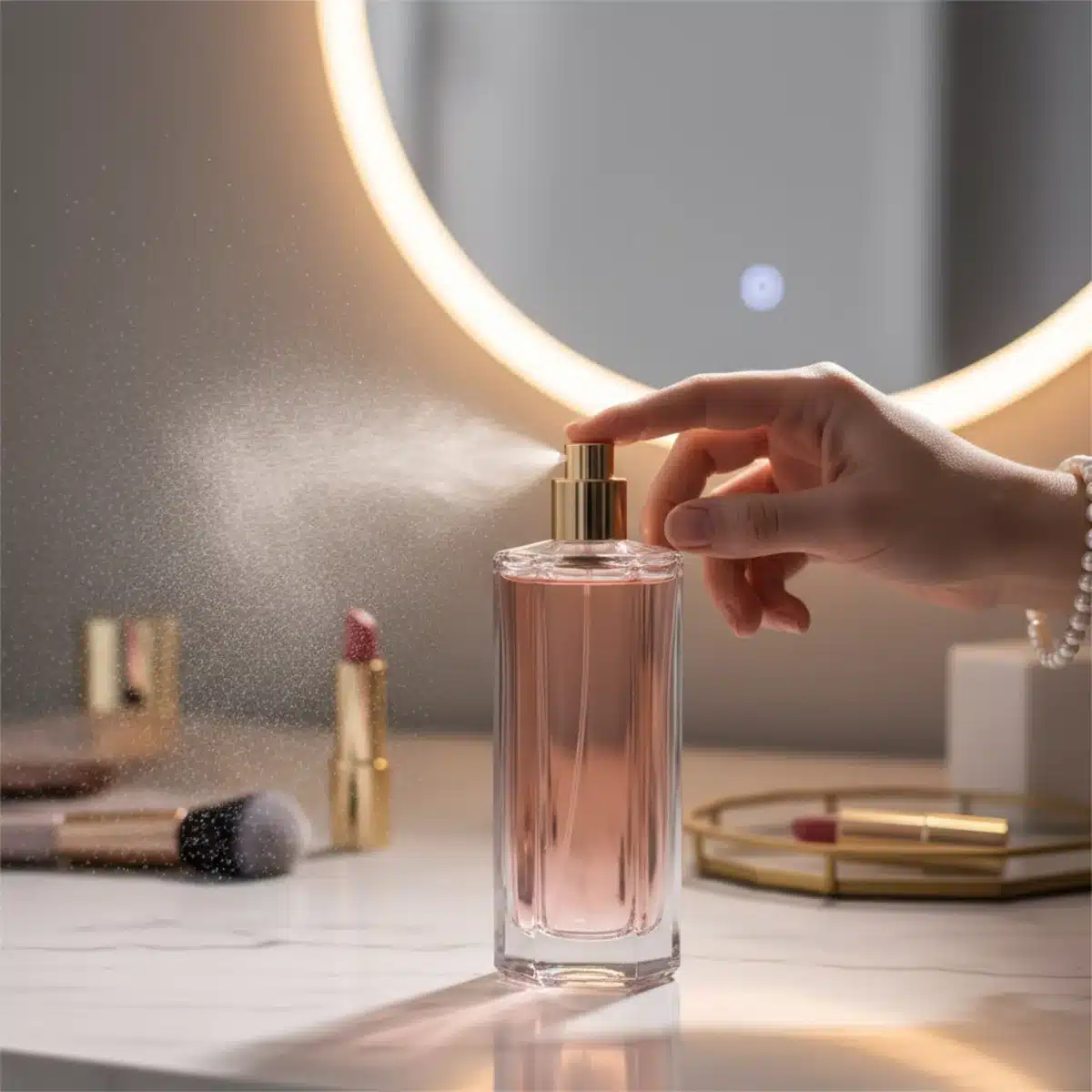 Detailaufnahme einer Hand, die ein neues Parfüm sprüht, mit elegantem Flakon