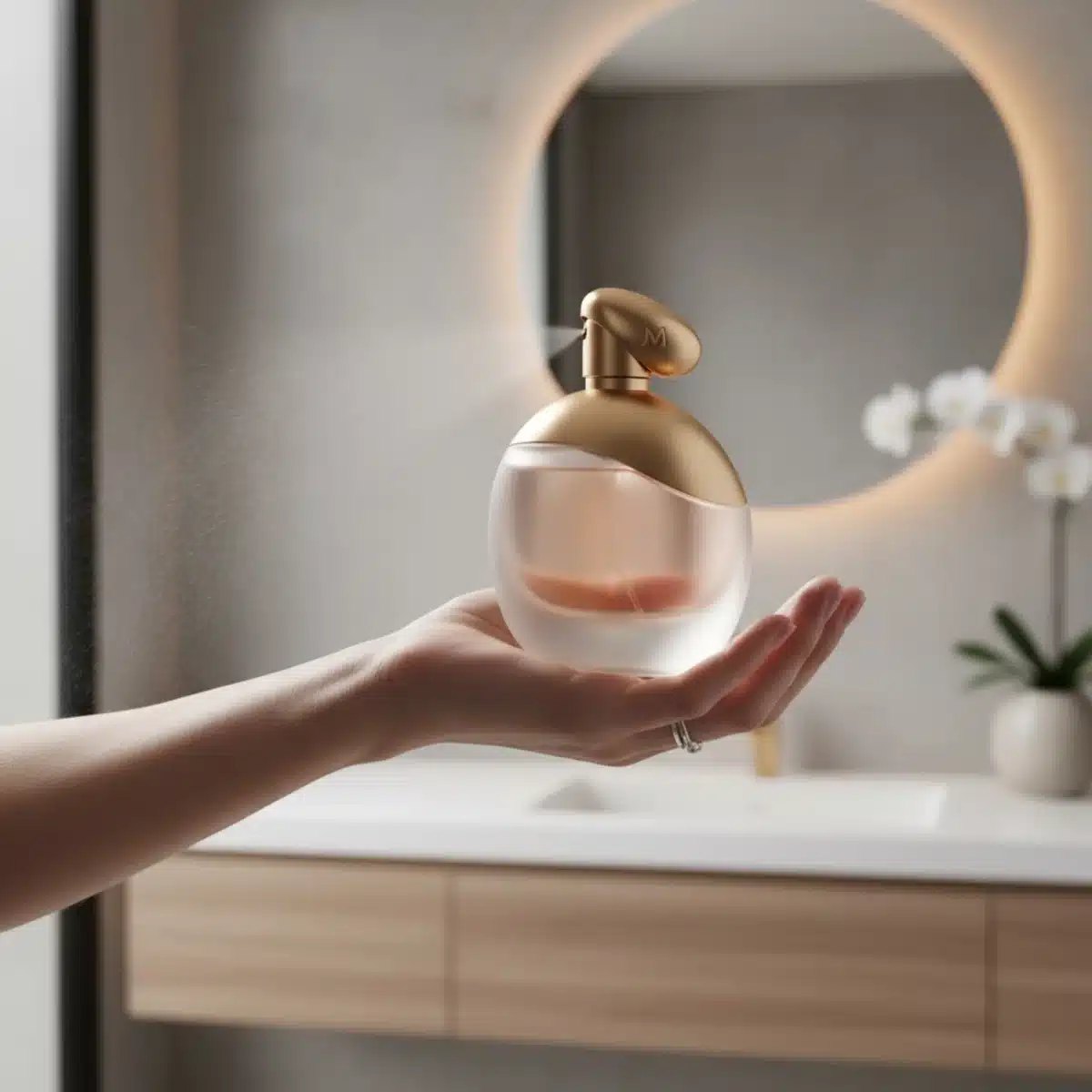 Eine Hand sprüht ein neu interpretiertes Parfüm auf ein Handgelenk, symbolisierend die moderne Anwendung klassischer Düfte.