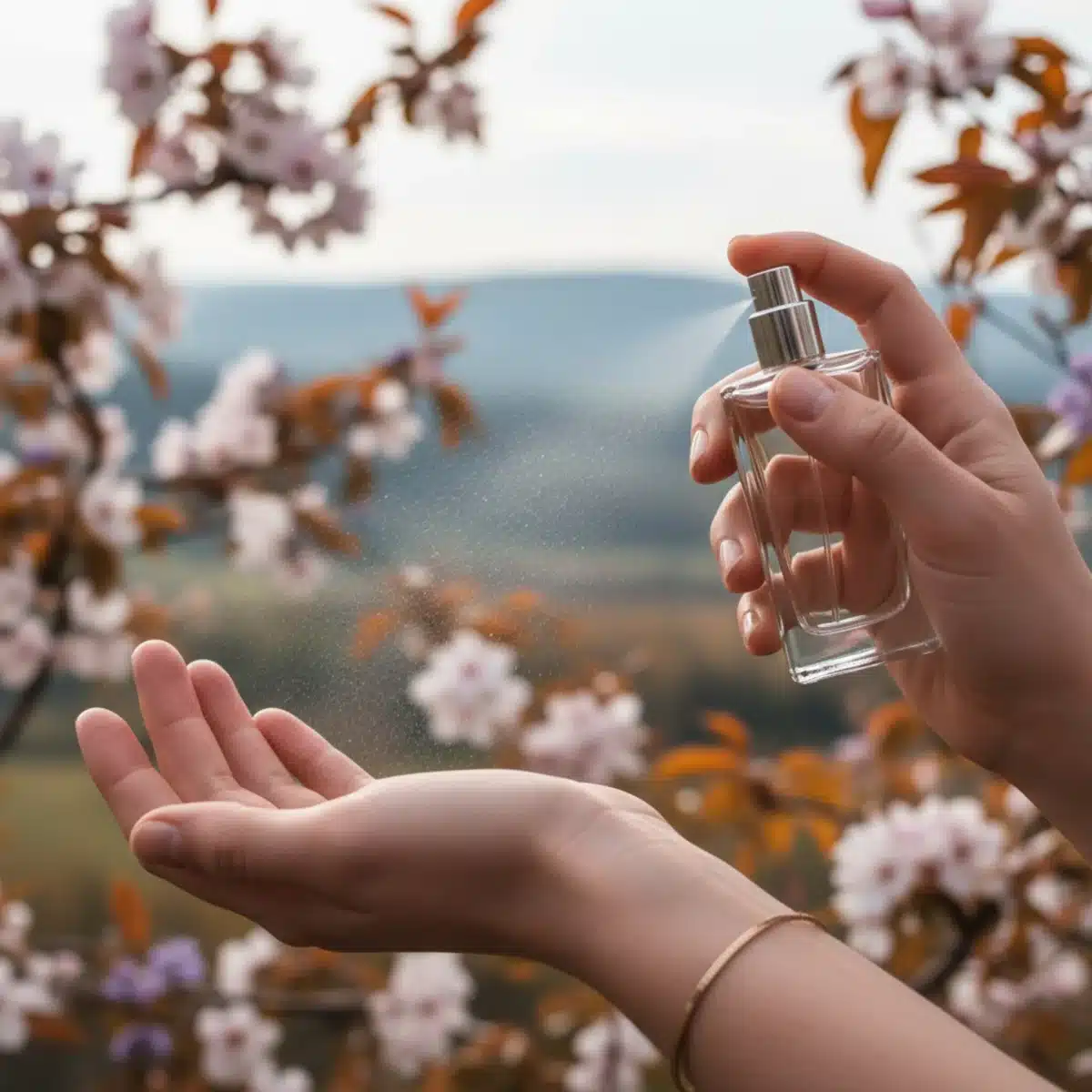 Hand sprüht Parfüm auf das Handgelenk vor einem Hintergrund aus Blumen