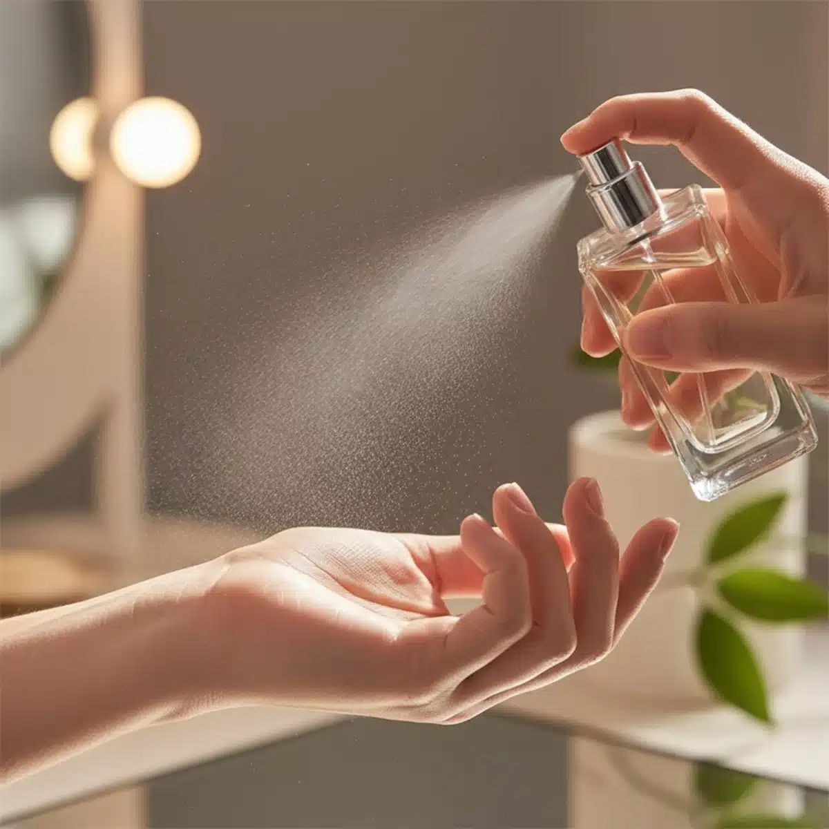 Nahaufnahme einer Person, die Parfüm auf ihr Handgelenk sprüht.