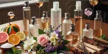 Parfümflaschen und aromatische Zutaten – Kopf-, Herz- und Basisnote