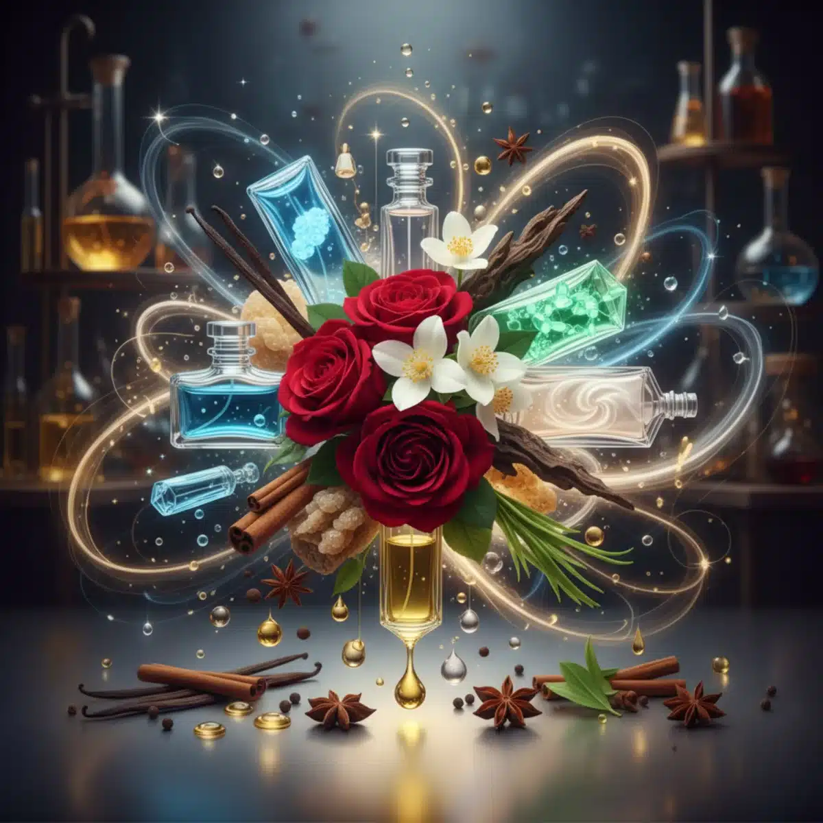 Eine kunstvolle Anordnung traditioneller und moderner Parfümzutaten, die die Komplexität neu interpretierter klassischer Düfte darstellt.