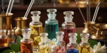 Vielfältige Parfüm-Inhaltsstoffe in Fläschchen mit botanischen Elementen