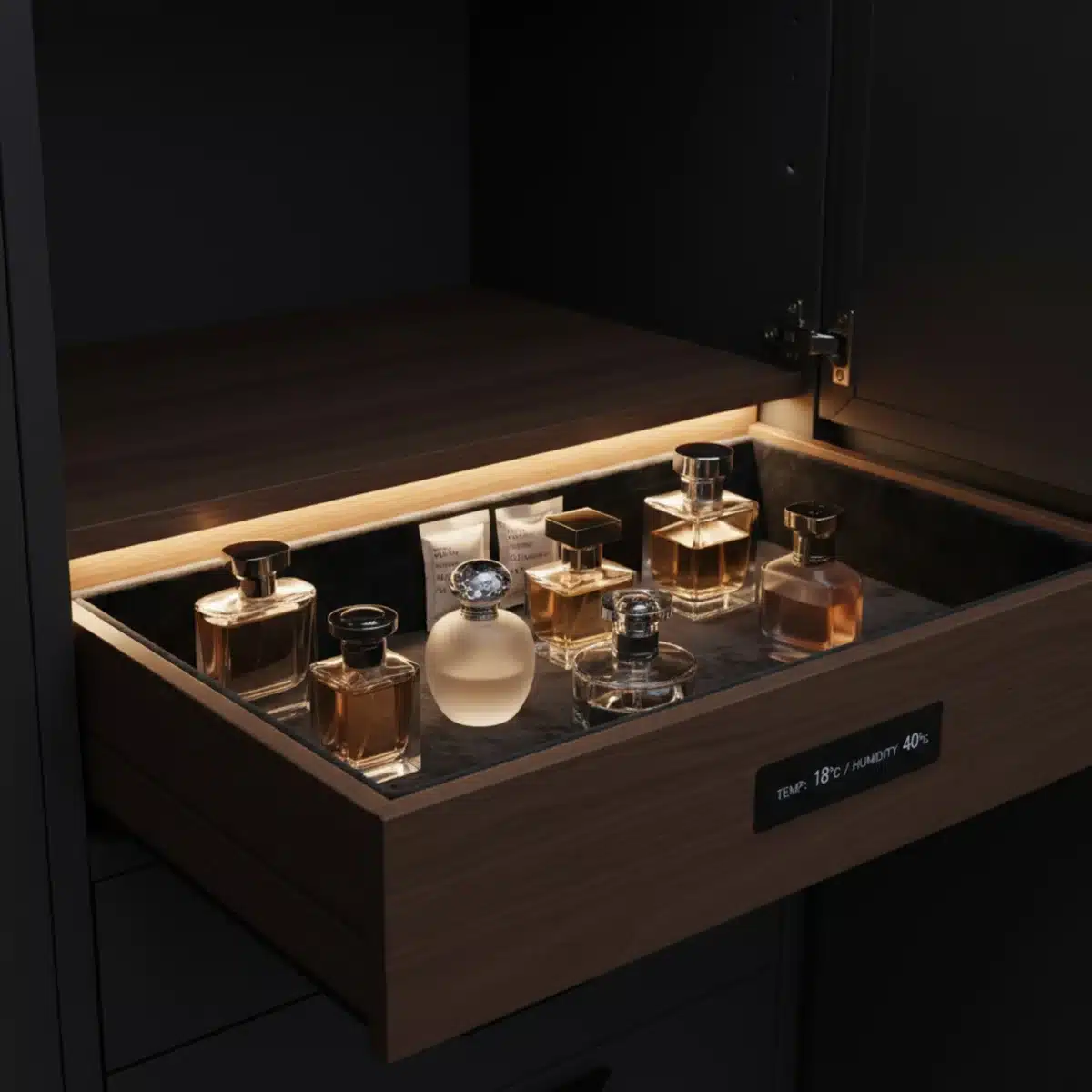 Parfümflaschen in einem dunklen, kühlen Schrank gelagert.