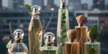 Elegante Parfümflaschen mit natürlichen Elementen vor urbaner Kulisse, die die Parfüm-Trends 2025 in Deutschland widerspiegeln.