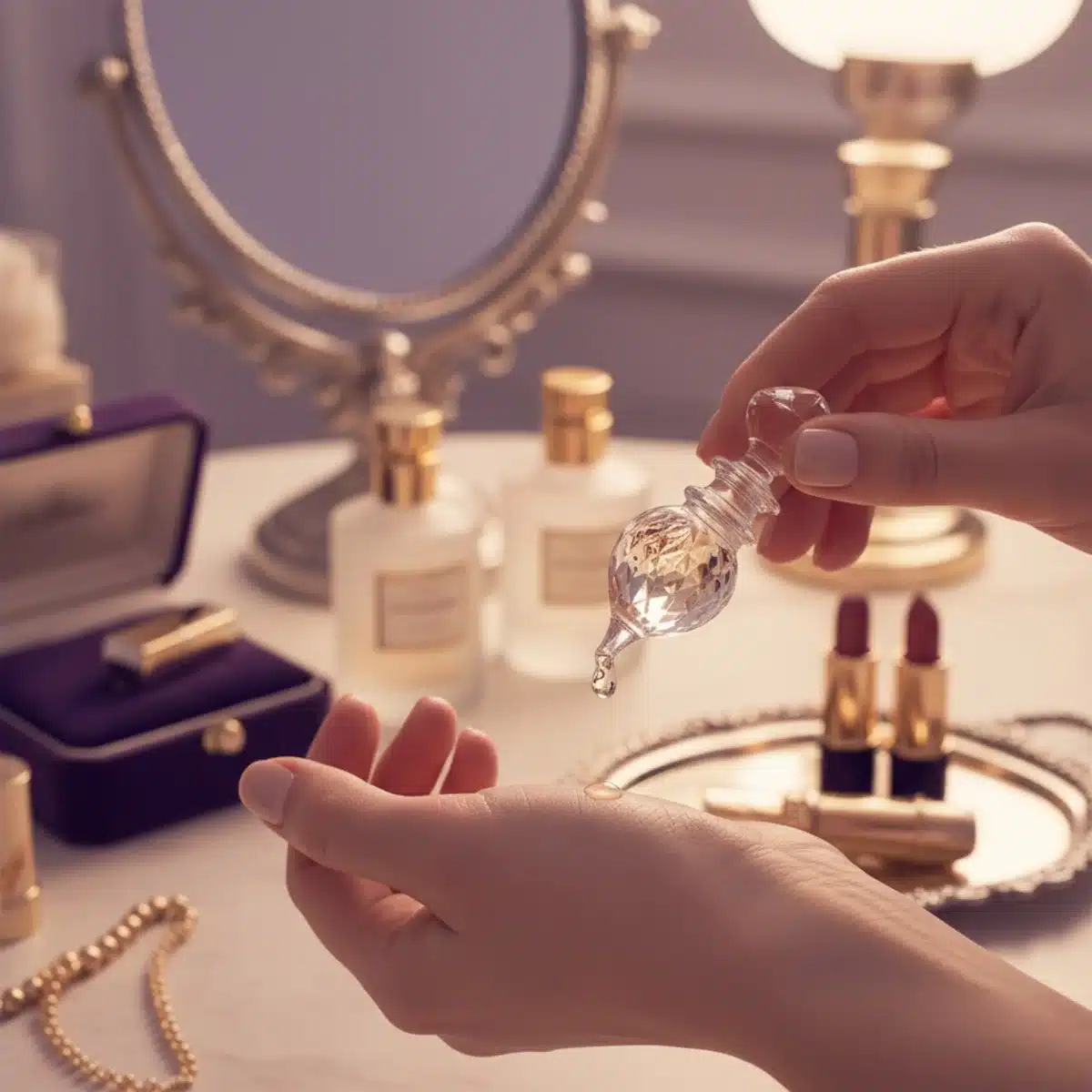 Detailaufnahme einer Hand, die kostbares Parfüm auf die Haut aufträgt, um die Wertschätzung des Duftrituals zu zeigen.