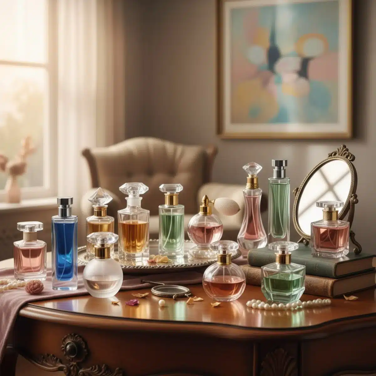 Vielfältige Parfümflaschen auf einem Schminktisch – Auswahl und Ästhetik