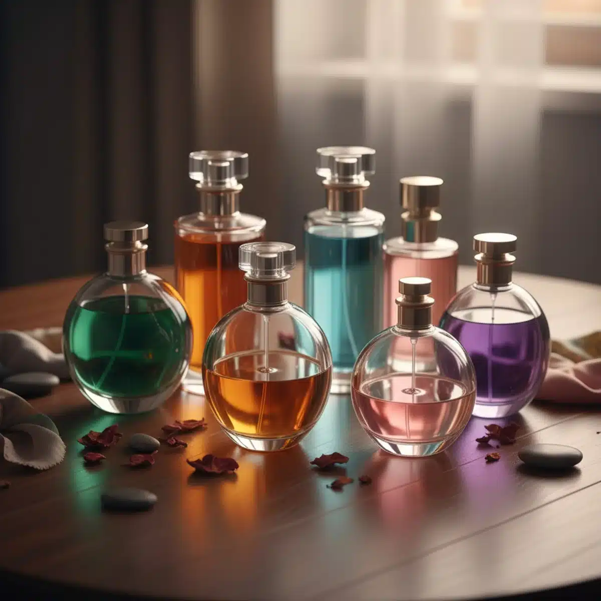 Verschiedene Parfümflaschen in einem ästhetischen Arrangement, die unterschiedliche Stimmungen und Persönlichkeiten repräsentieren.