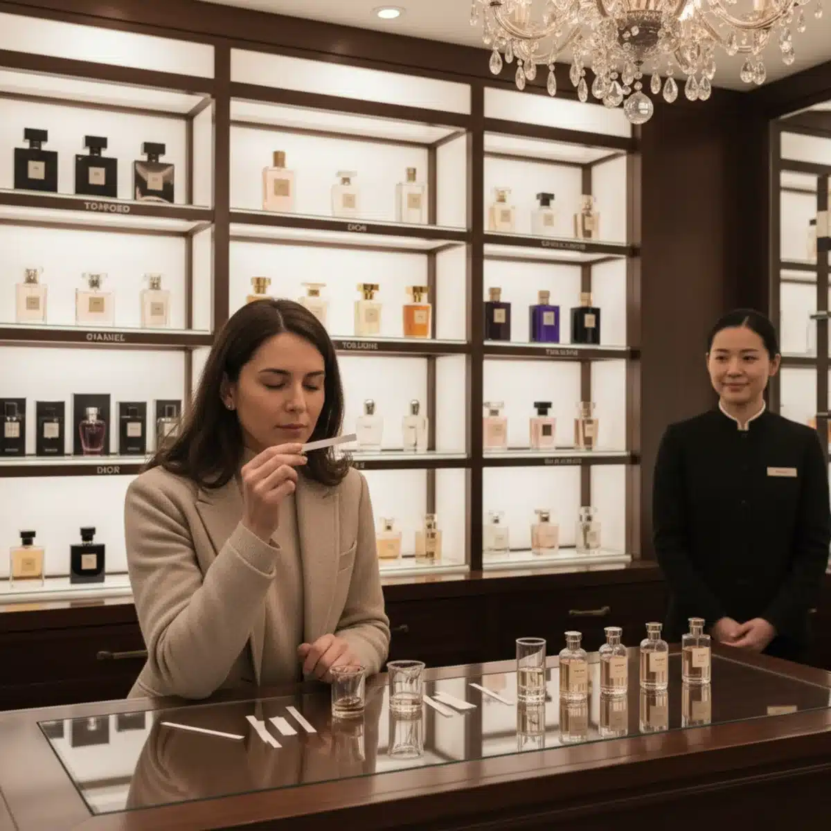 Person riecht an Parfümproben