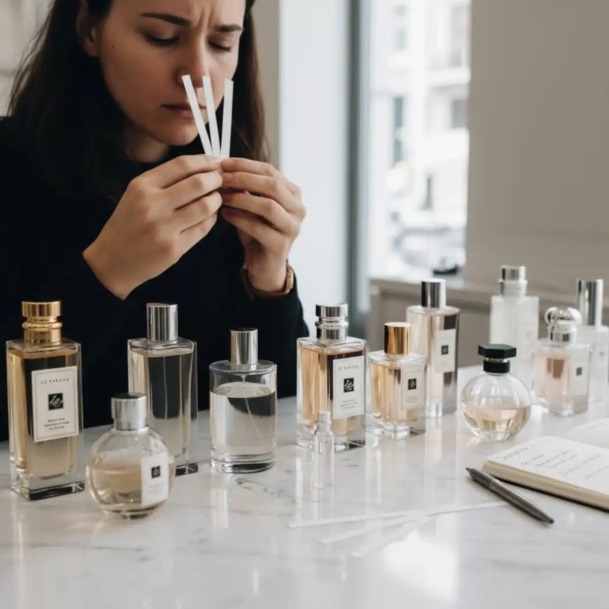 Person testet verschiedene Parfümproben, um den idealen Duft zu finden.