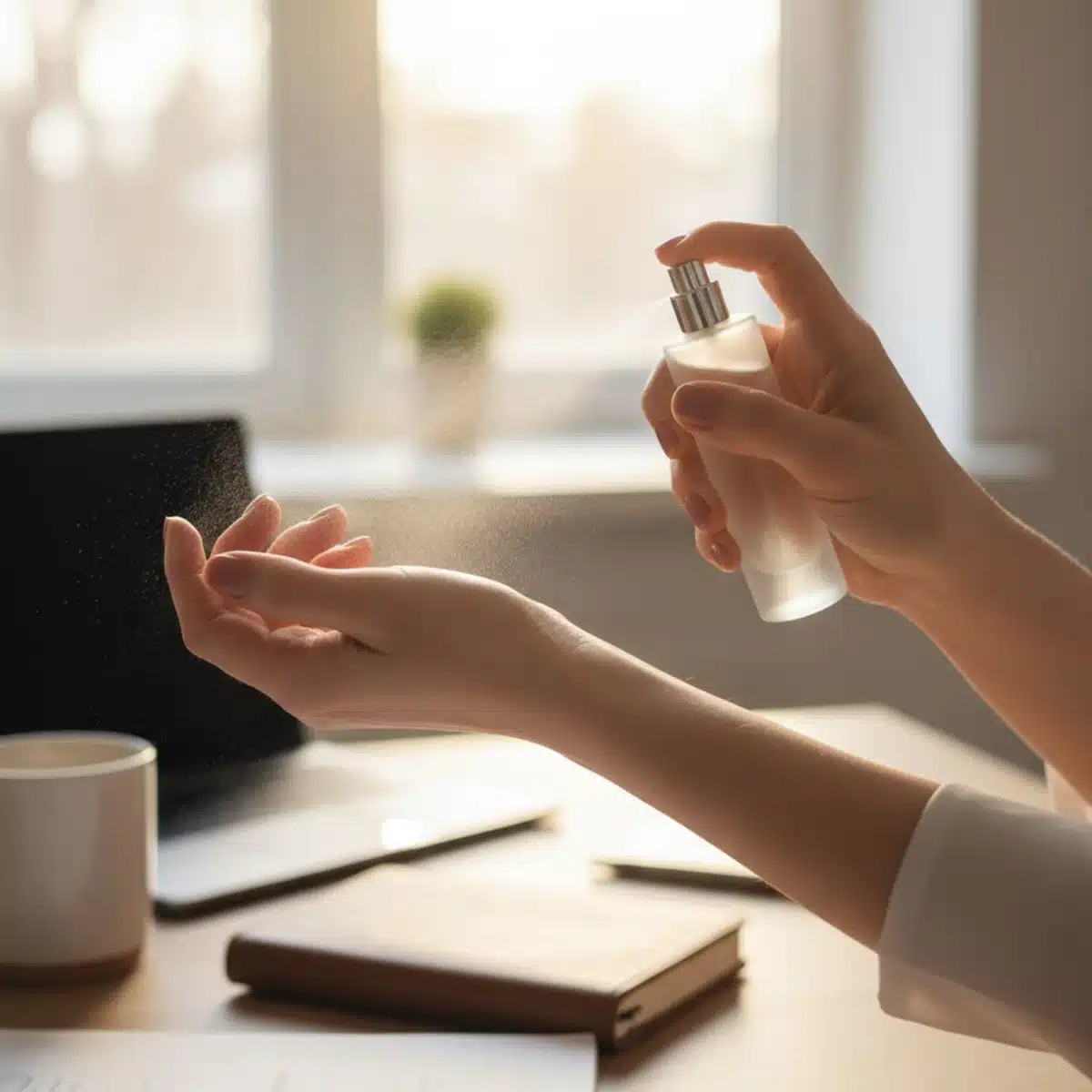 Eine Hand sprüht dezent Parfüm auf das Handgelenk, symbolisiert die richtige Anwendung für das Büro.