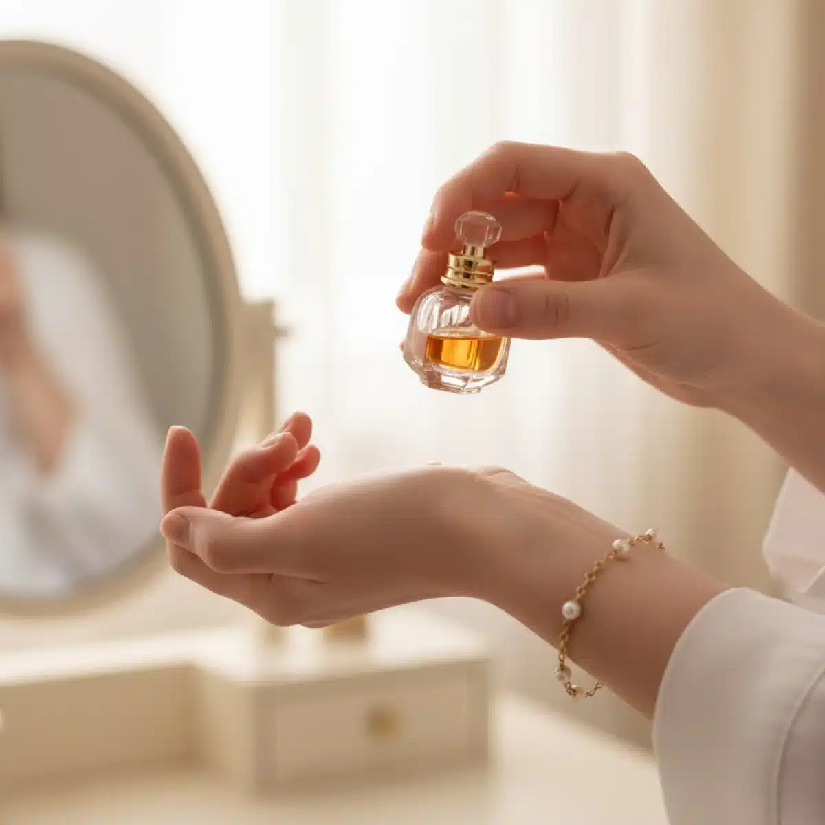 Eine Hand trägt Parfüm auf das Handgelenk auf, um die Haltbarkeit zu verbessern
