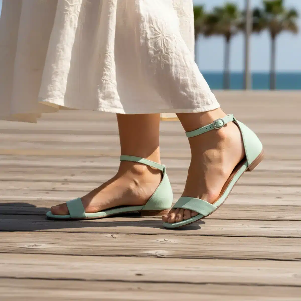 Elegante pastellgrüne Sandalen am Strand, perfekt für den Sommer 2025
