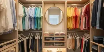 Perfekt organisierter Kleiderschrank mit farblich sortierter Kleidung und cleveren Aufbewahrungslösungen.