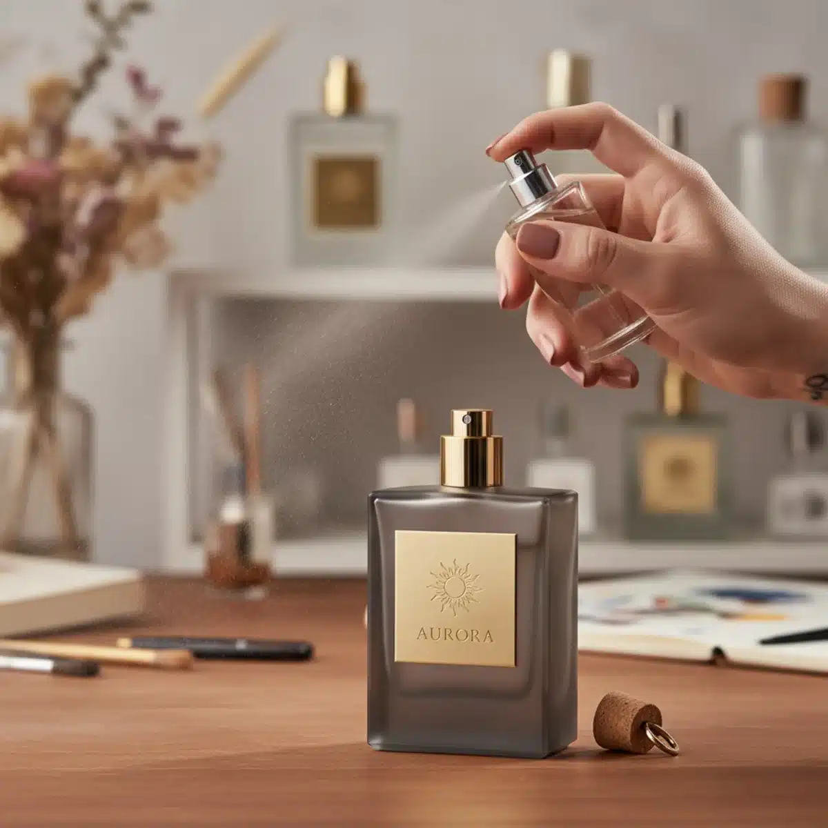 Detailaufnahme einer Hand, die personalisiertes Parfüm aufsprüht, symbolisiert individuelle Duftkreationen.