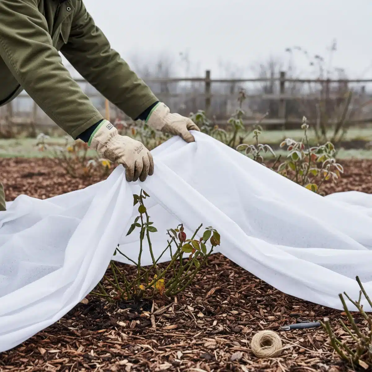 Rosensträucher werden mit Vlies abgedeckt, um sie vor Frost zu schützen.