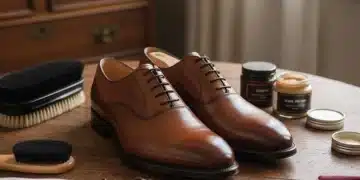 Lederschuhpflege 2025: Qualität & Langlebigkeit sichern Ein Paar perfekt polierte braune Leder-Oxfordschuhe mit Schuhpflegeprodukten.