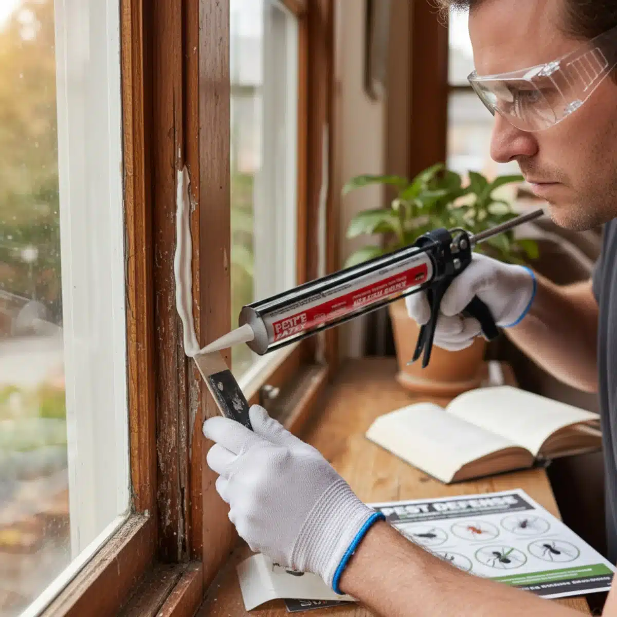 Person dichtet Risse und Spalten an einem Fensterrahmen ab, als präventive Maßnahme gegen Schädlinge.